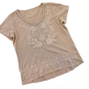 Caite Shirt Womens Large Beige Embroidered V Neck Boho Cotton Tee Made India